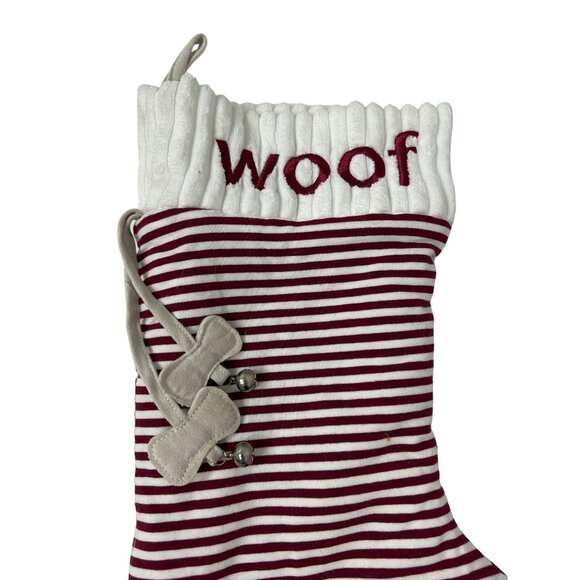 Dog Striped Woof Stocking Red & White With Bone & Bell Detail - Picture 3 of 3